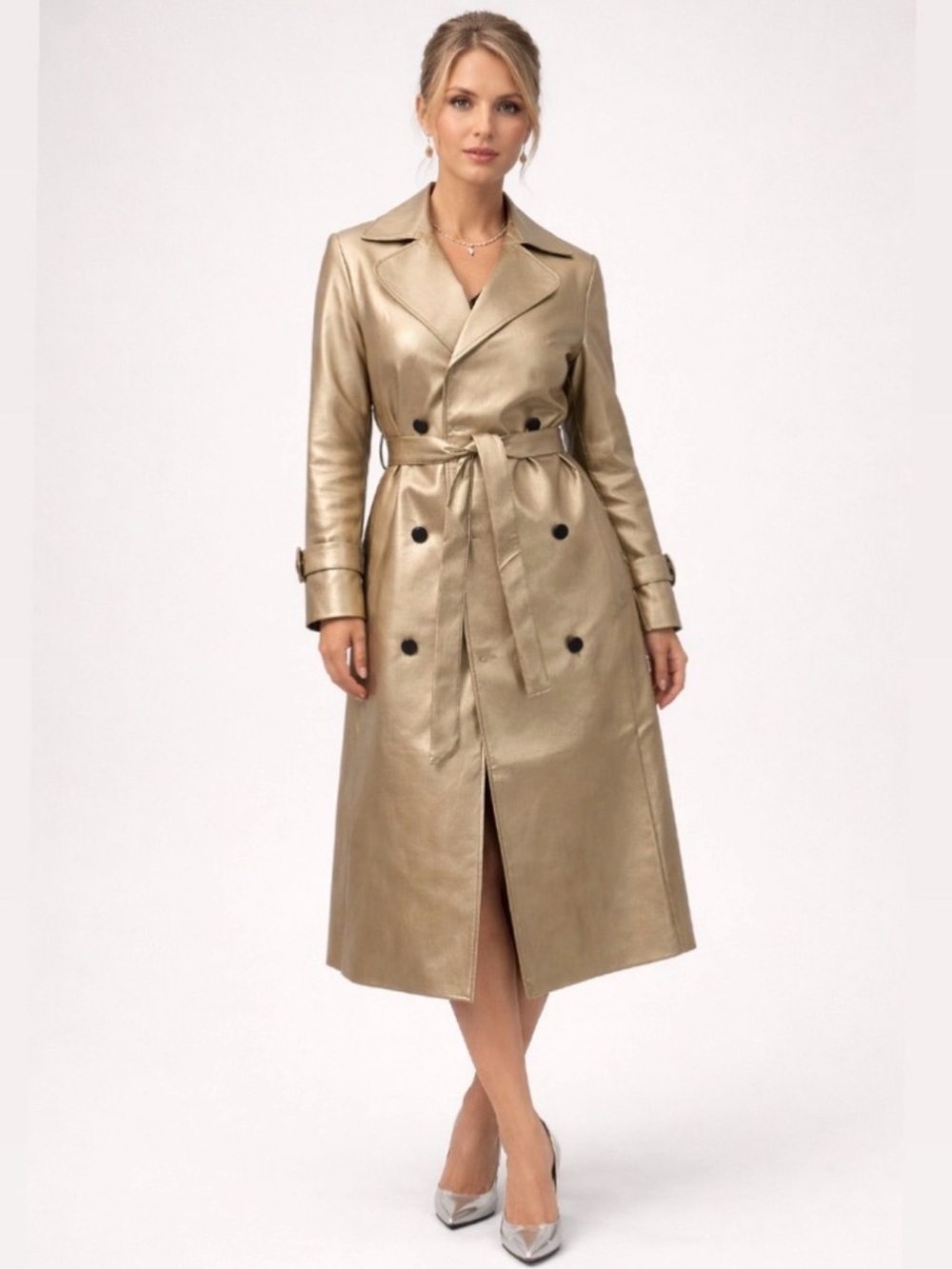 NWT- Peach Faux Leather Metallic Champagne Trench